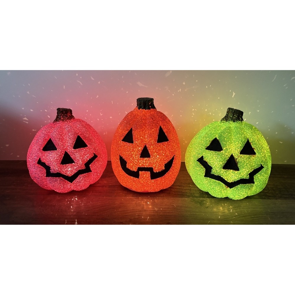 Lot Of 3 Melted Plastic Popcorn Pumpkin Light Up Halloween Decor Pink Green